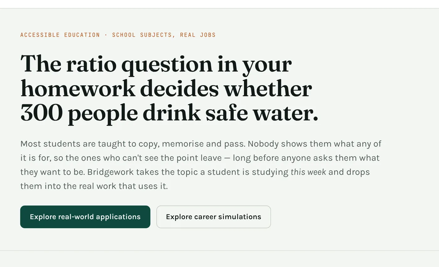 Bridgework home page: the ratio question in your homework decides whether 300 people drink safe water