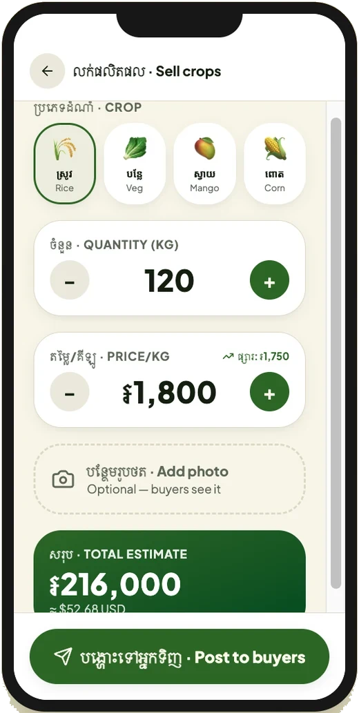 Sell crops screen with crop, quantity, price and total estimate