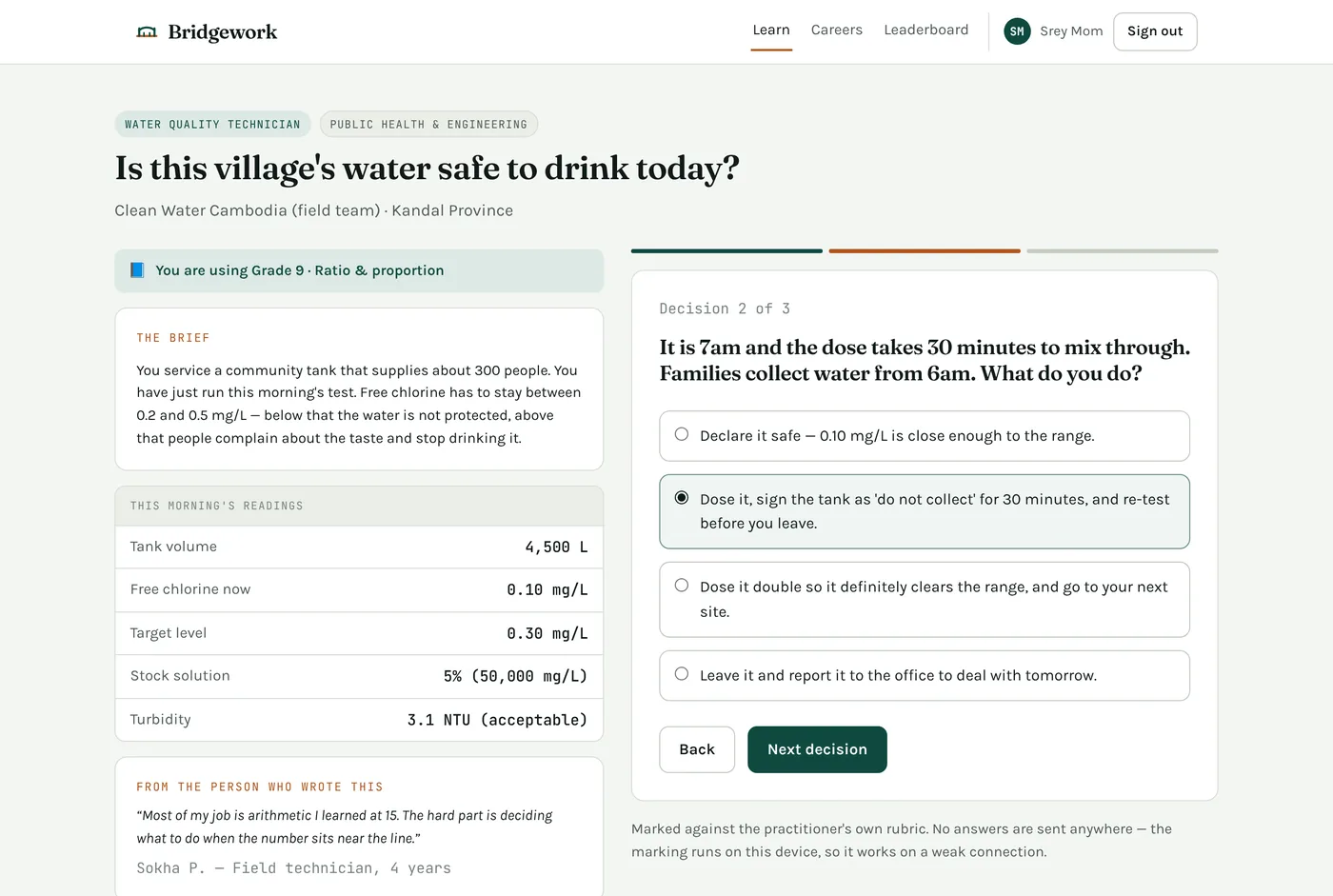 Water quality simulation: a brief with this morning's tank readings and a decision with four options