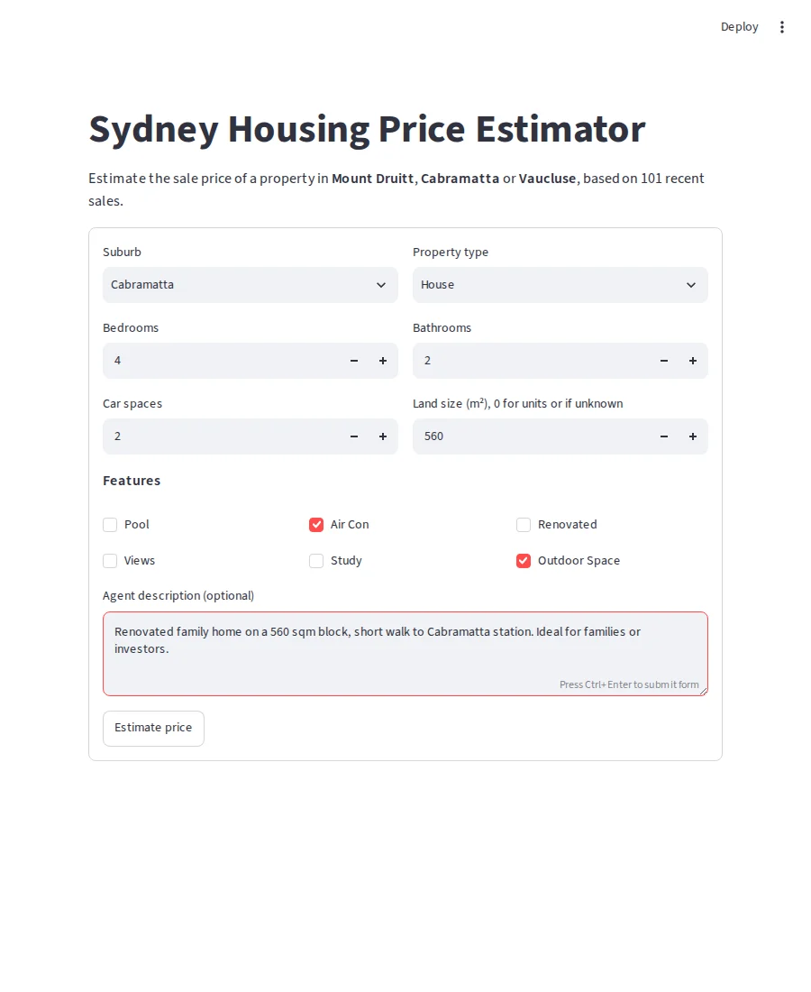 App input form with suburb, property type, rooms and features