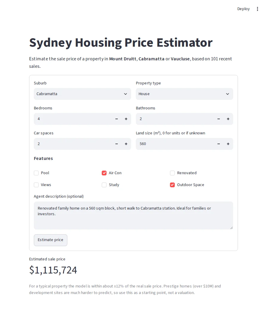 The Sydney Housing Price Estimator app showing an estimated price