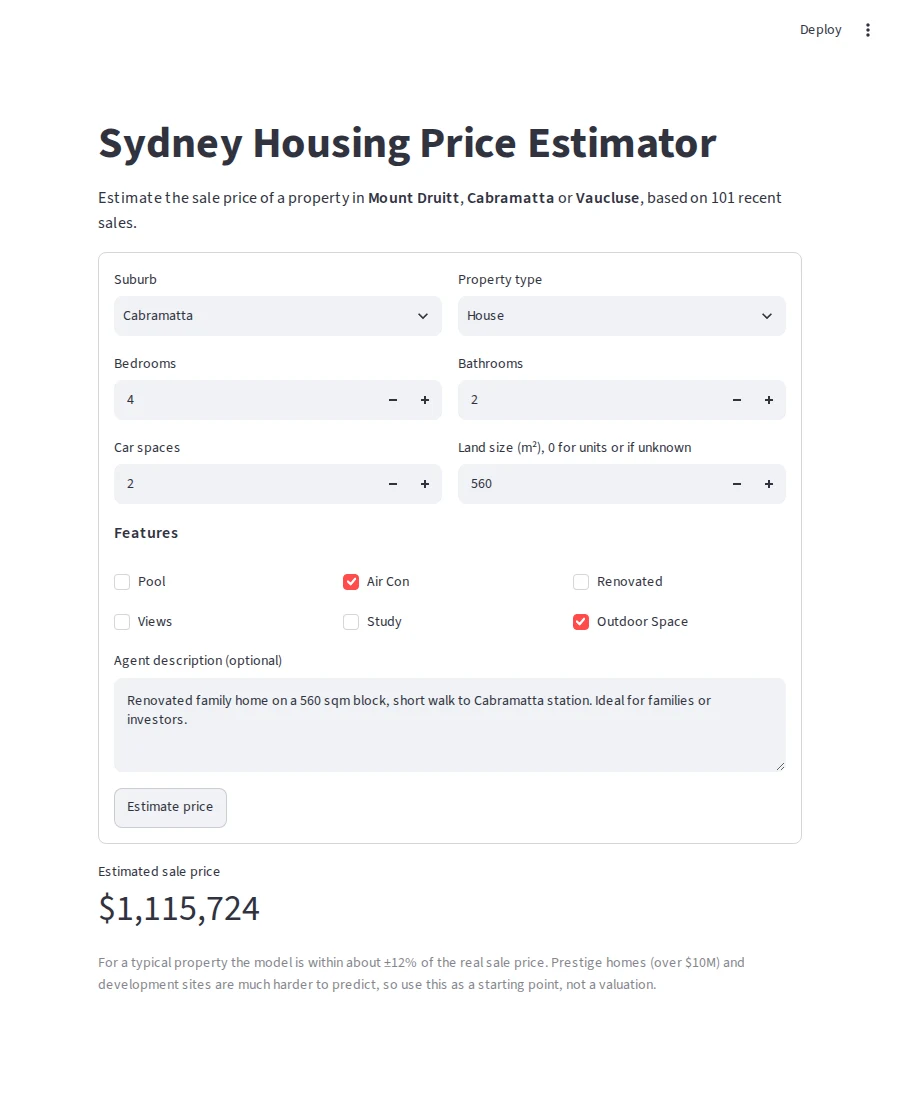 The Sydney Housing Price Estimator app